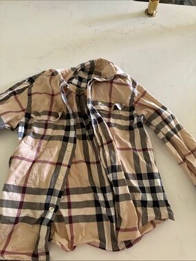 Burberry Beige Plaid Button-Up Shirt with Black and Red Stripes